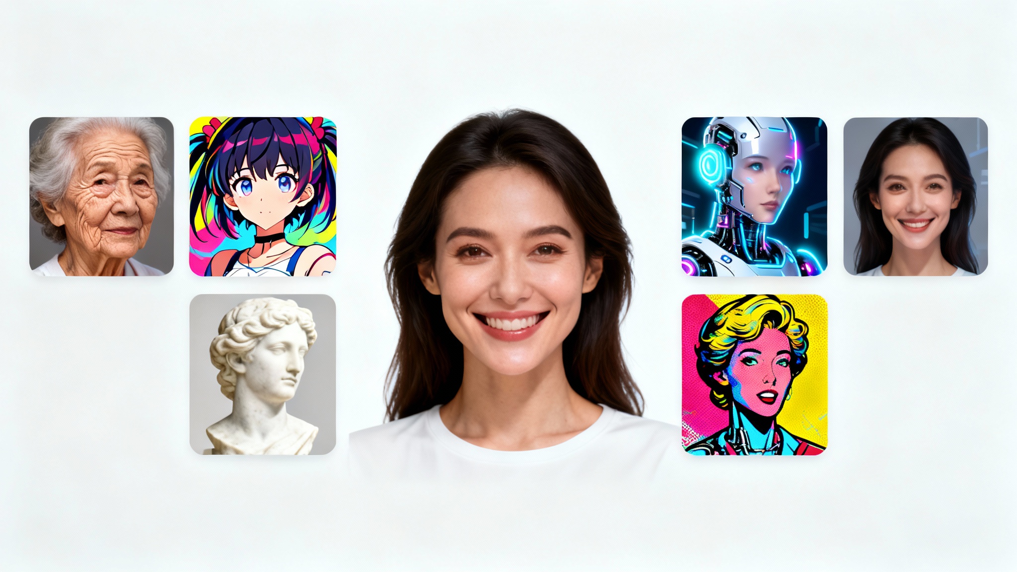A collage showing the concept of face transformation. A central portrait of a woman is surrounded by smaller images showing her face transformed into various styles, including an elderly woman, an anime character, and a cyborg, all on a white background.