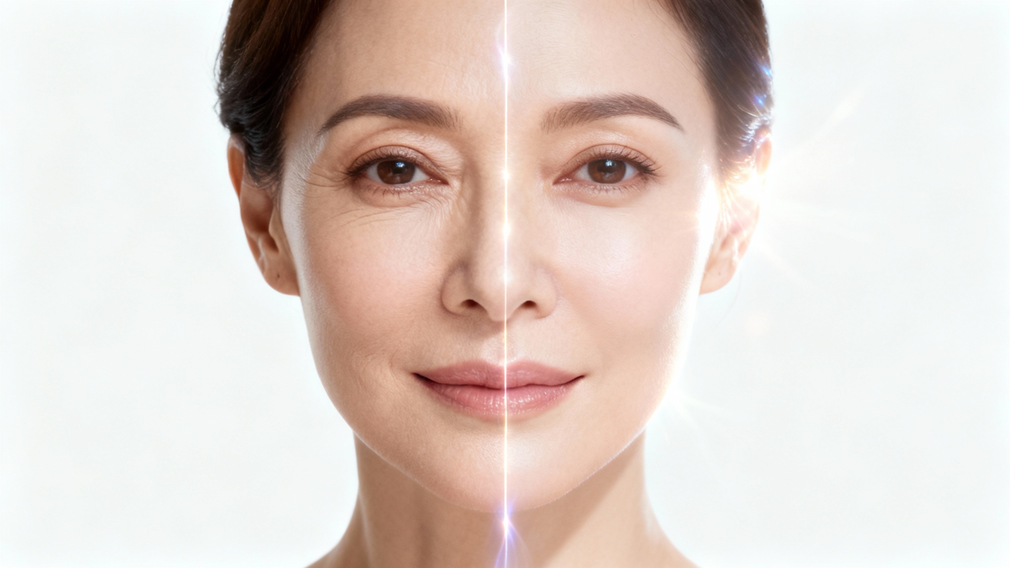 A split-screen close-up of a woman's face demonstrating a beauty transformation. The 'before' side on the left shows natural skin, while the 'after' side on the right is perfectly smooth and radiant.