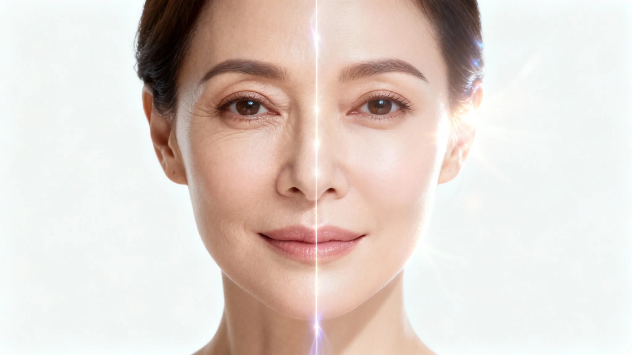 A split-screen close-up of a woman's face demonstrating a beauty transformation. The 'before' side on the left shows natural skin, while the 'after' side on the right is perfectly smooth and radiant.