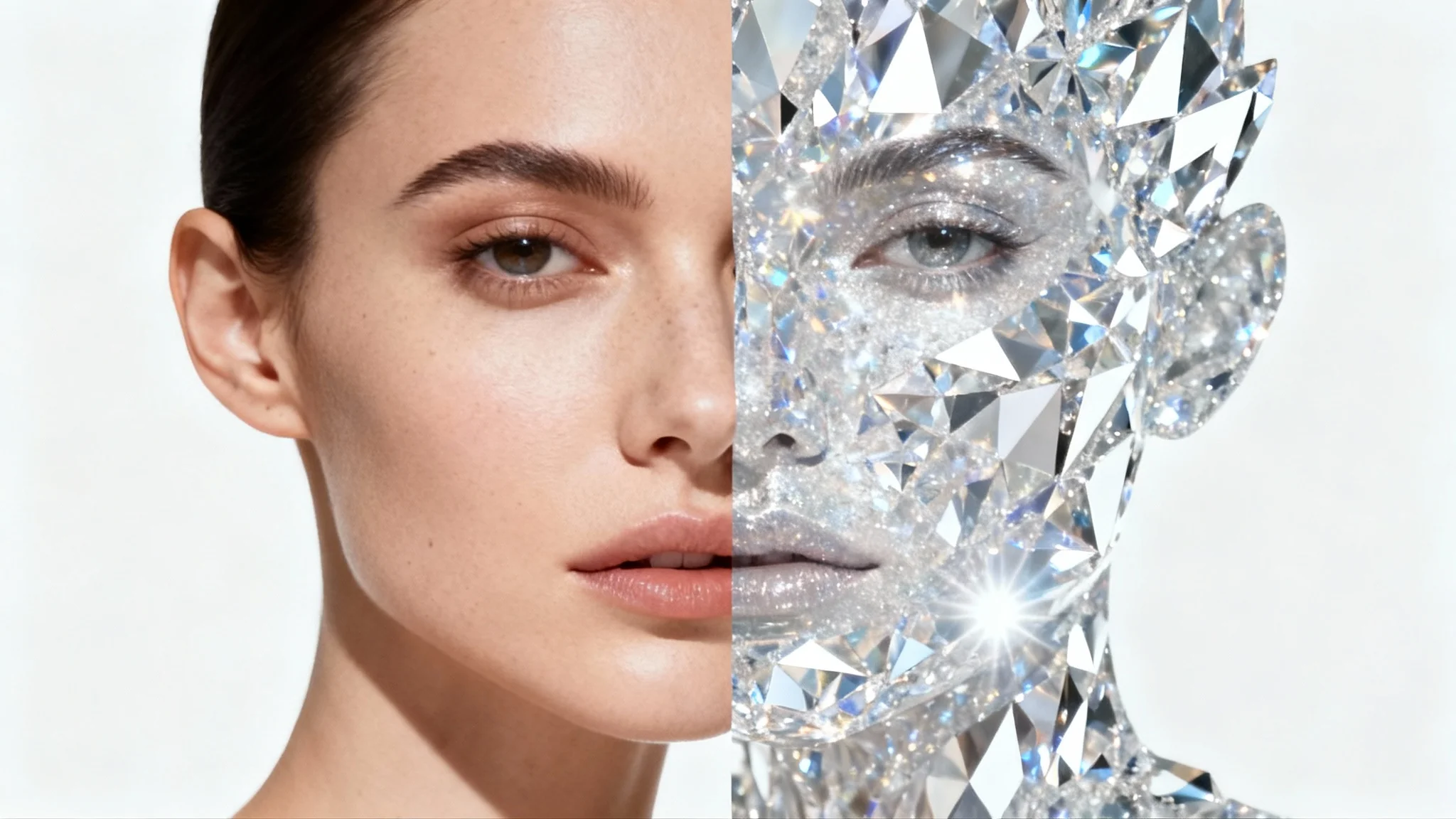 A conceptual image of a woman's face split down the middle: one half is photorealistic, and the other half is transformed into a shimmering crystal, set against a plain white background.