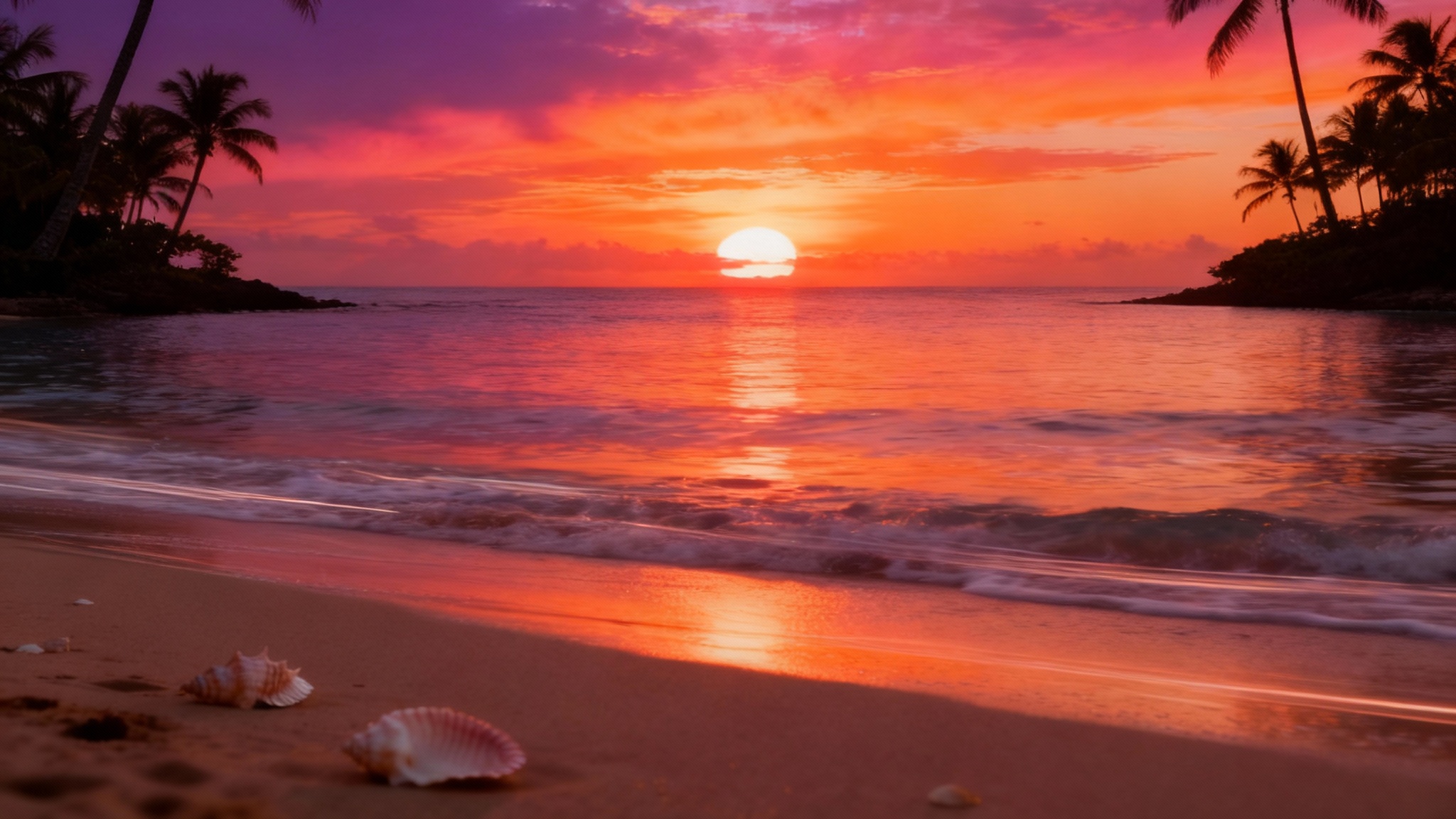 An animated photo of a beach sunset, where the waves gently move and shimmer while the palm trees and sand remain still, demonstrating a photo animation effect.
