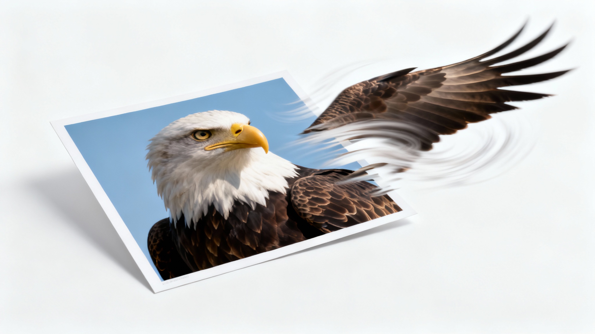 A conceptual image representing photo animation, showing a still photo of an eagle whose wings have come to life, breaking out of the photo's frame with motion blur.