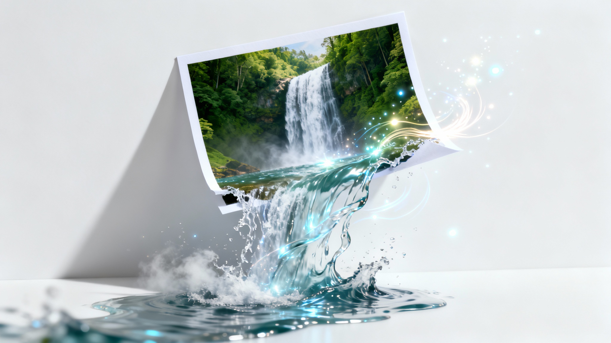 A photograph of a waterfall on a white surface, where the water is magically flowing out of the bottom of the photo as if it were real, symbolizing the concept of photo animation.