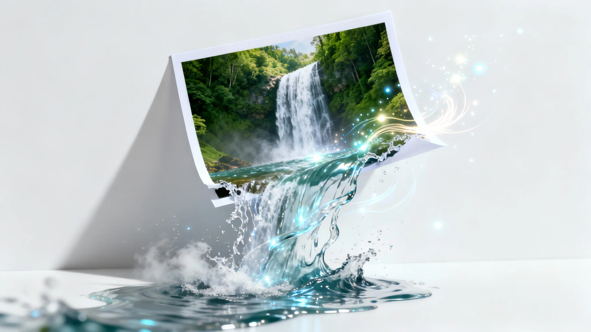 A photograph of a waterfall on a white surface, where the water is magically flowing out of the bottom of the photo as if it were real, symbolizing the concept of photo animation.