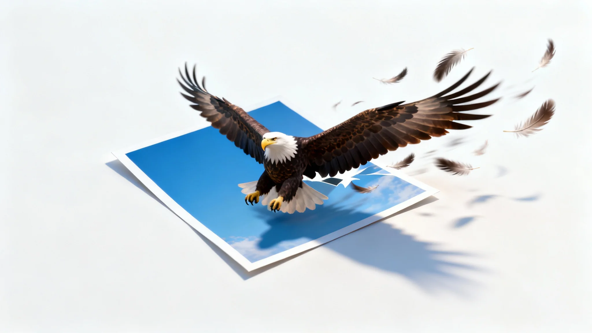 A photograph of an eagle in flight is shown on a white background. The eagle's wings extend beyond the photo's borders with a motion blur effect, illustrating the concept of photo animation.