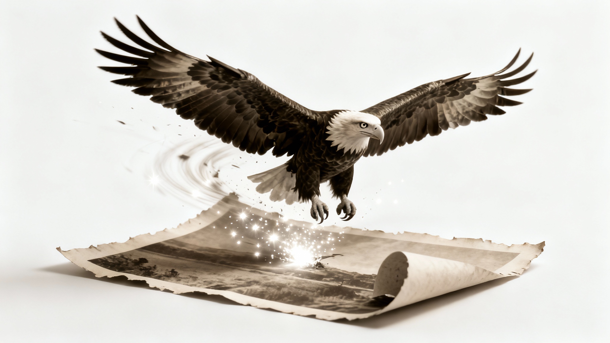 A visual representation of photo animation, showing a vintage photo of an eagle where the bird is coming to life and flying out of the picture in full 3D color against a white background.