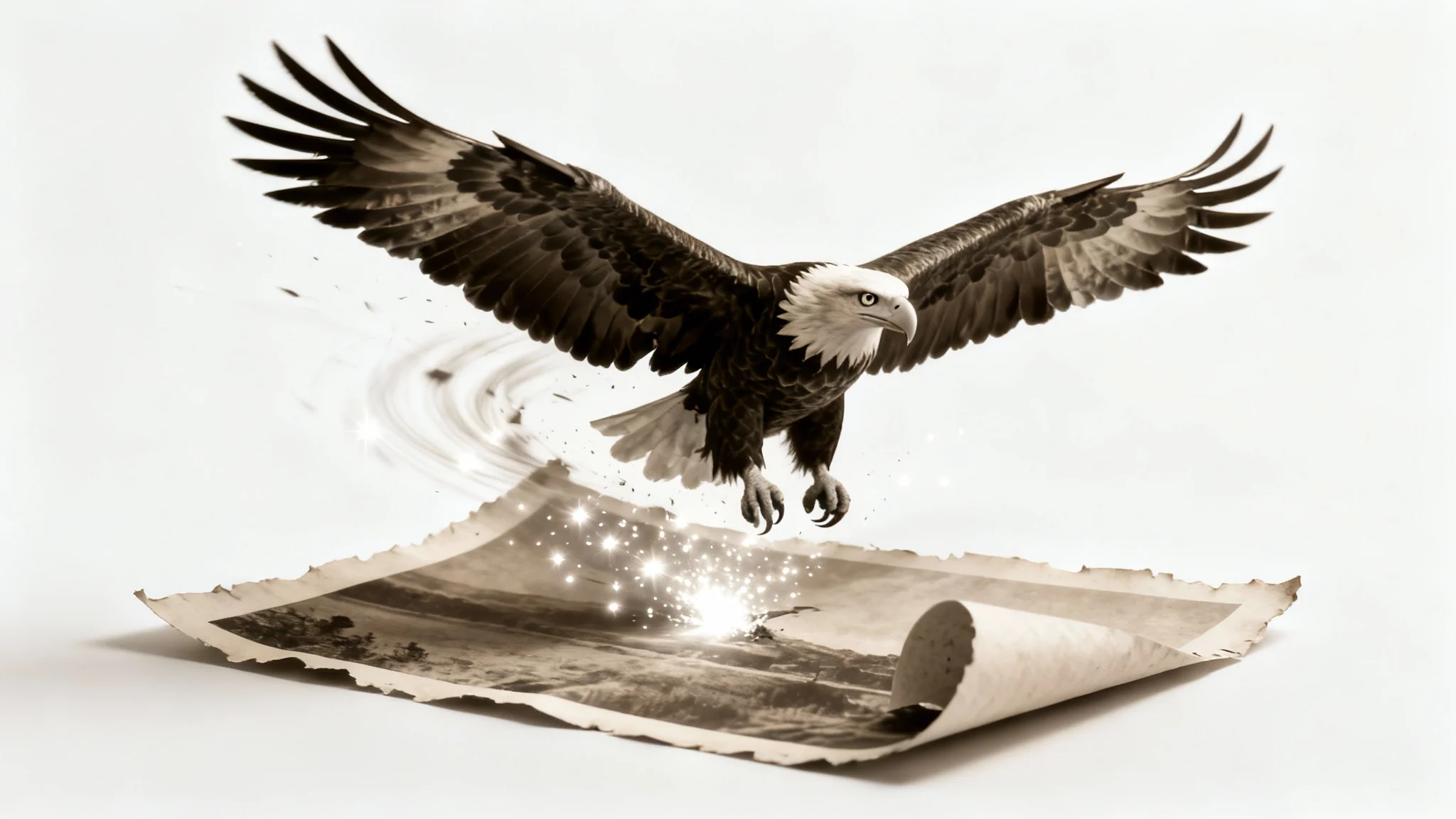 A visual representation of photo animation, showing a vintage photo of an eagle where the bird is coming to life and flying out of the picture in full 3D color against a white background.
