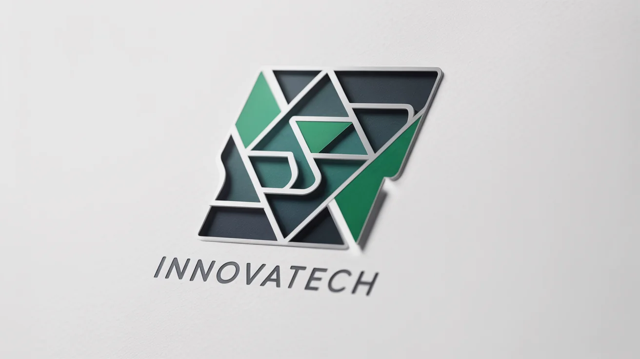 A modern geometric logo for the fictional brand 'Innovatech', featuring interlocking gray and green triangles on a minimalist white background.