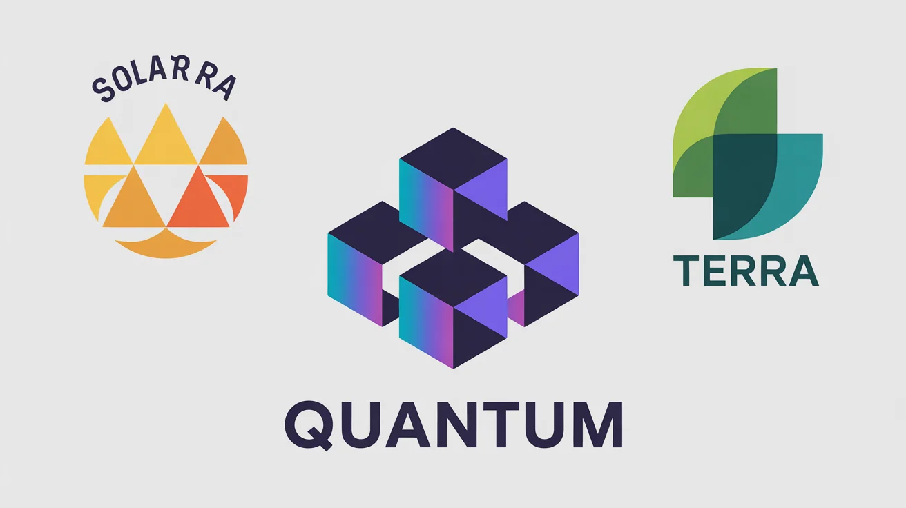 A collection of three modern geometric logos on a white background. The central logo is for 'QUANTUM' with a purple and blue cube design. The other logos are for 'SOLARA' (a yellow sun design) and 'TERRA' (a green leaf design).