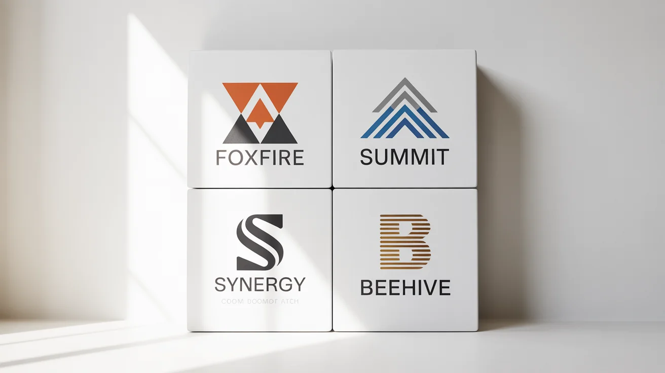 A showcase of four different geometric logo designs on a white background. The logos include a triangular fox, a chevron mountain, a circular 'S', and a hexagonal 'B', each with a fictional brand name.