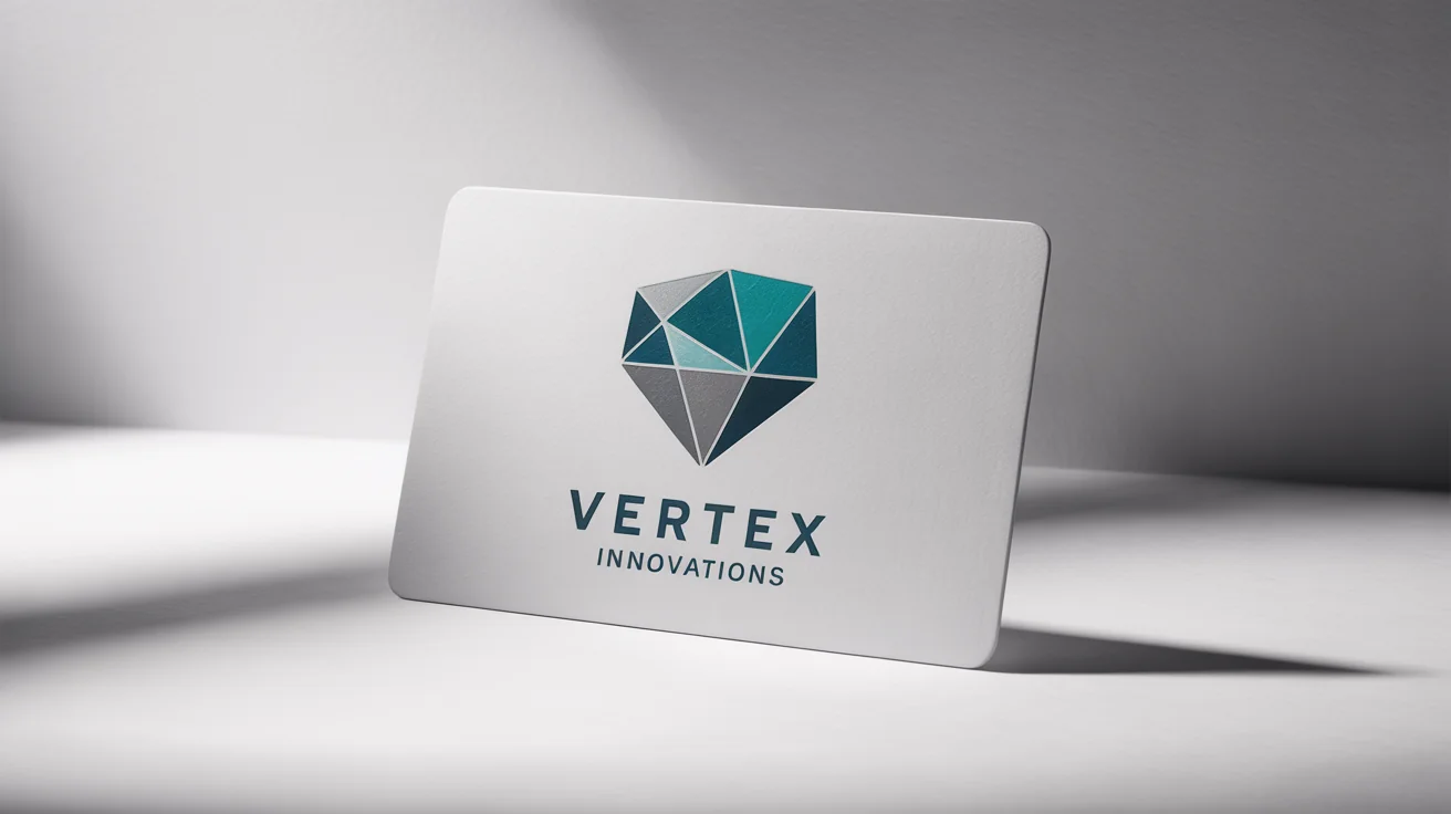 A mockup of a modern geometric logo for a brand named 'Vertex Innovations', displayed on a premium business card against a white background, showcasing a professional and distinctive design.