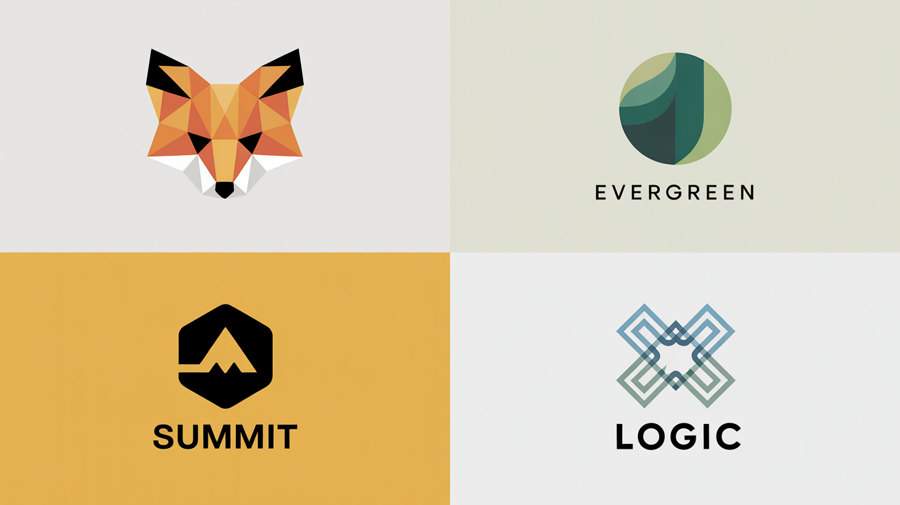 Four distinct geometric logos displayed in a grid on a white background, demonstrating modern and minimalist branding concepts for companies.