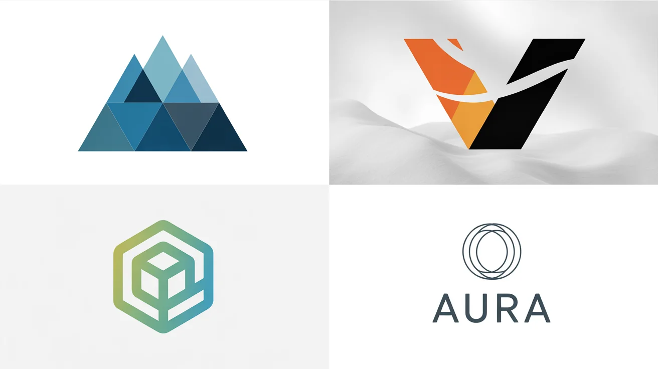 A mockup showcasing four distinct and modern geometric logos in a grid on a white background, representing creative brand identity design.