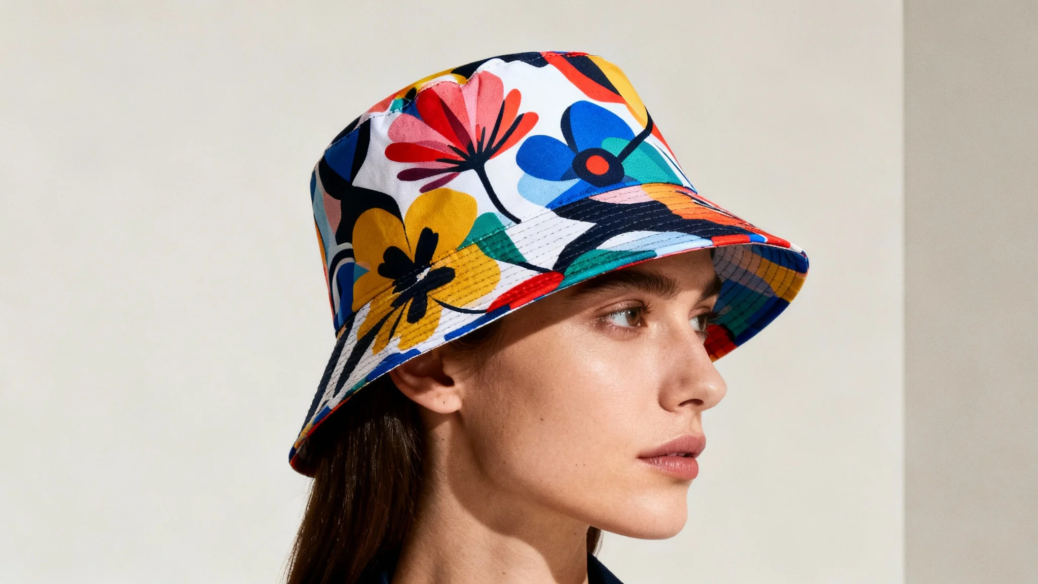 A stylish person seen from the side wearing a bucket hat with a colorful abstract floral design, against a plain studio background.