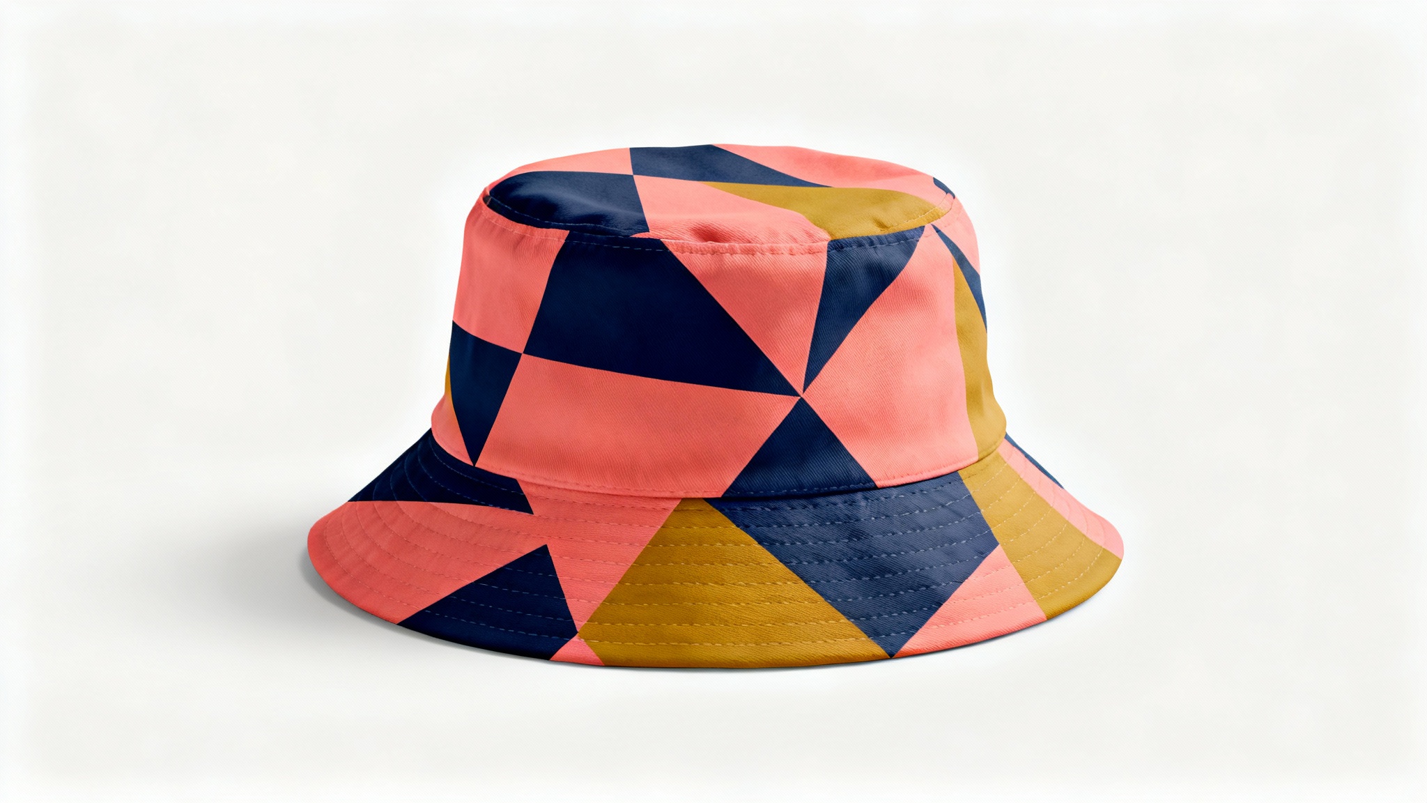 A photorealistic mockup of a bucket hat with a colorful abstract geometric pattern, shown against a plain white background.