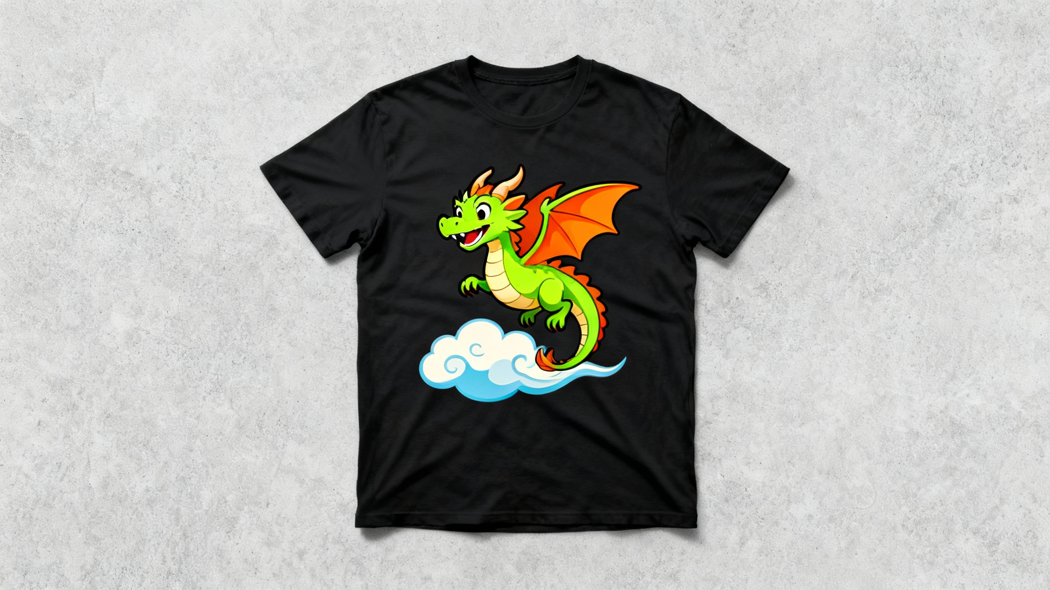 A professional flat lay photograph of a black t-shirt featuring a colorful cartoon dragon design. The dragon is green and orange, flying with a grin on its face amidst stylized clouds.