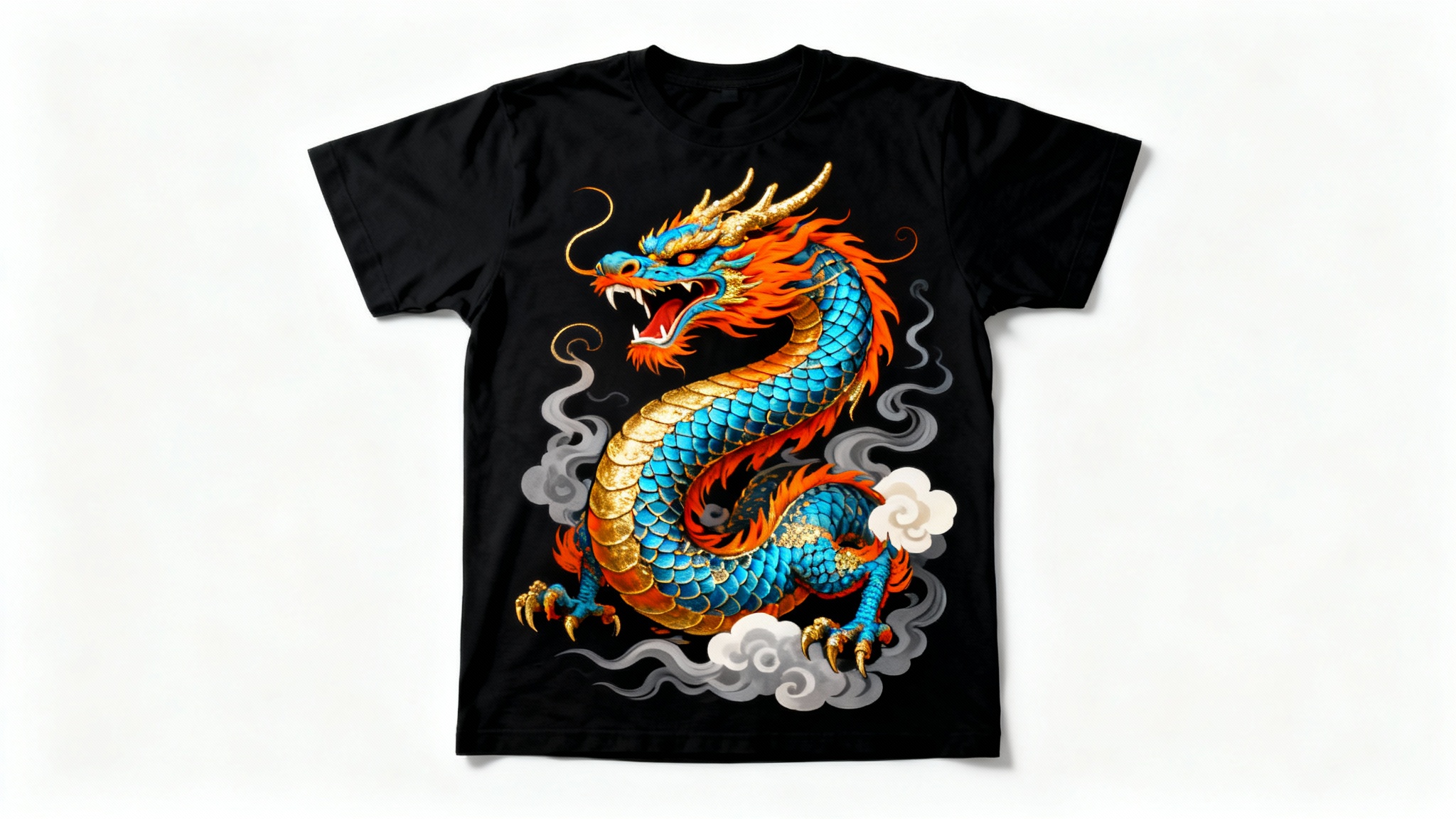 A flat-lay image of a black t-shirt showcasing a vibrant and detailed graphic of an Eastern dragon in blue, orange, and gold, set against a plain white background.