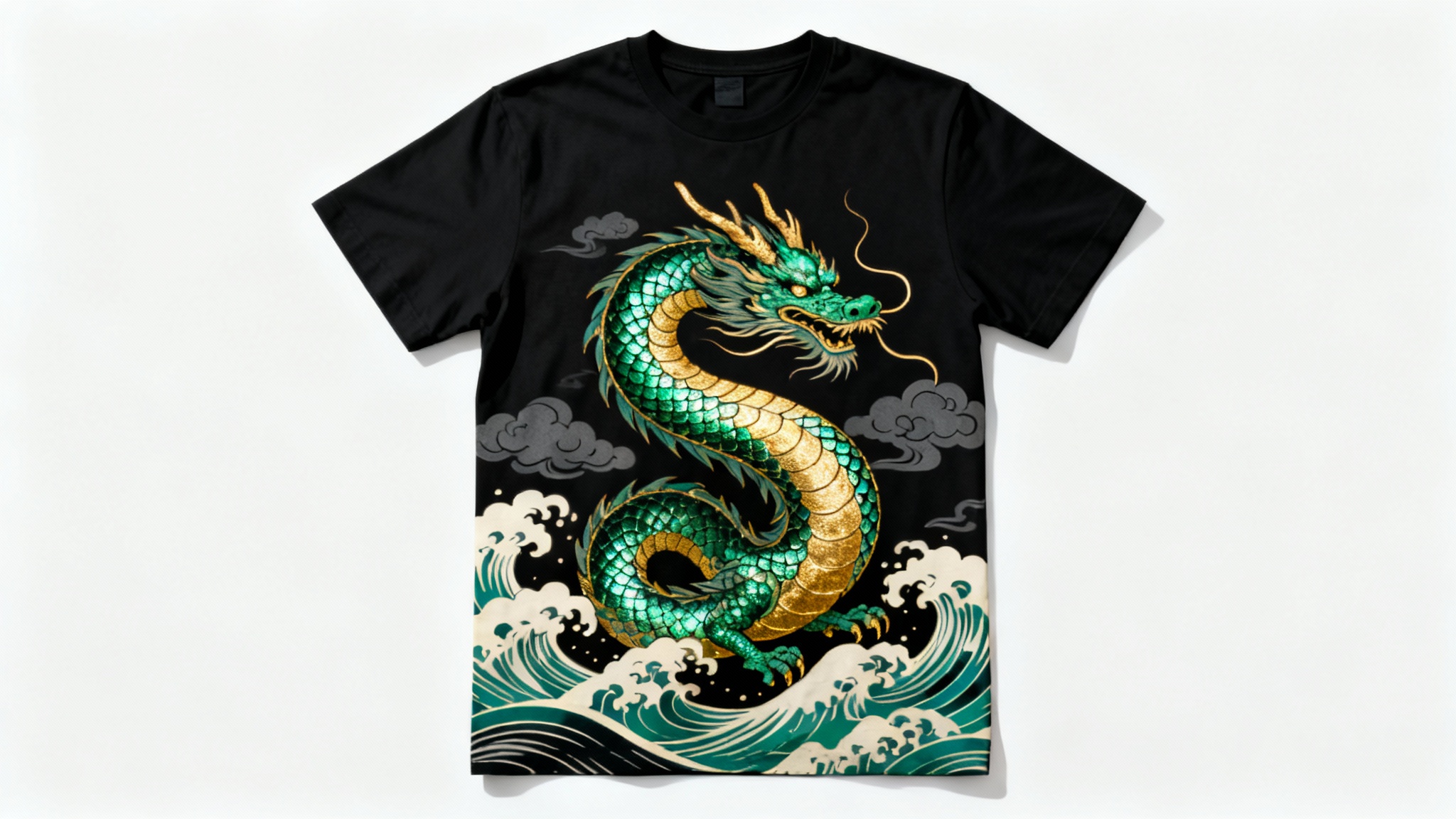 A product mockup of a black t-shirt with a large, detailed Japanese-style graphic of a green and gold dragon, laid flat on a white background.
