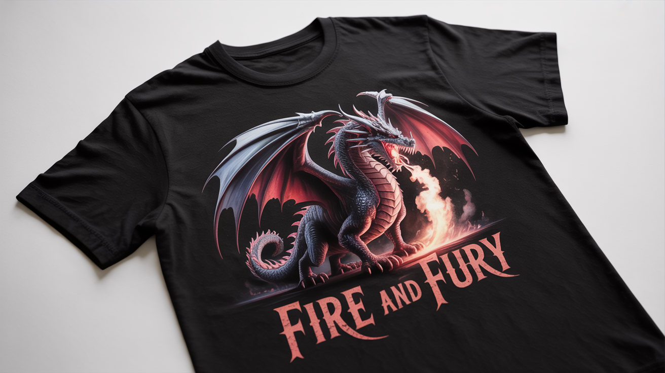 A flat-lay mockup of a black t-shirt featuring a detailed graphic of a red and silver dragon roaring, with the text 'FIRE AND FURY' printed below it, all on a plain white background.