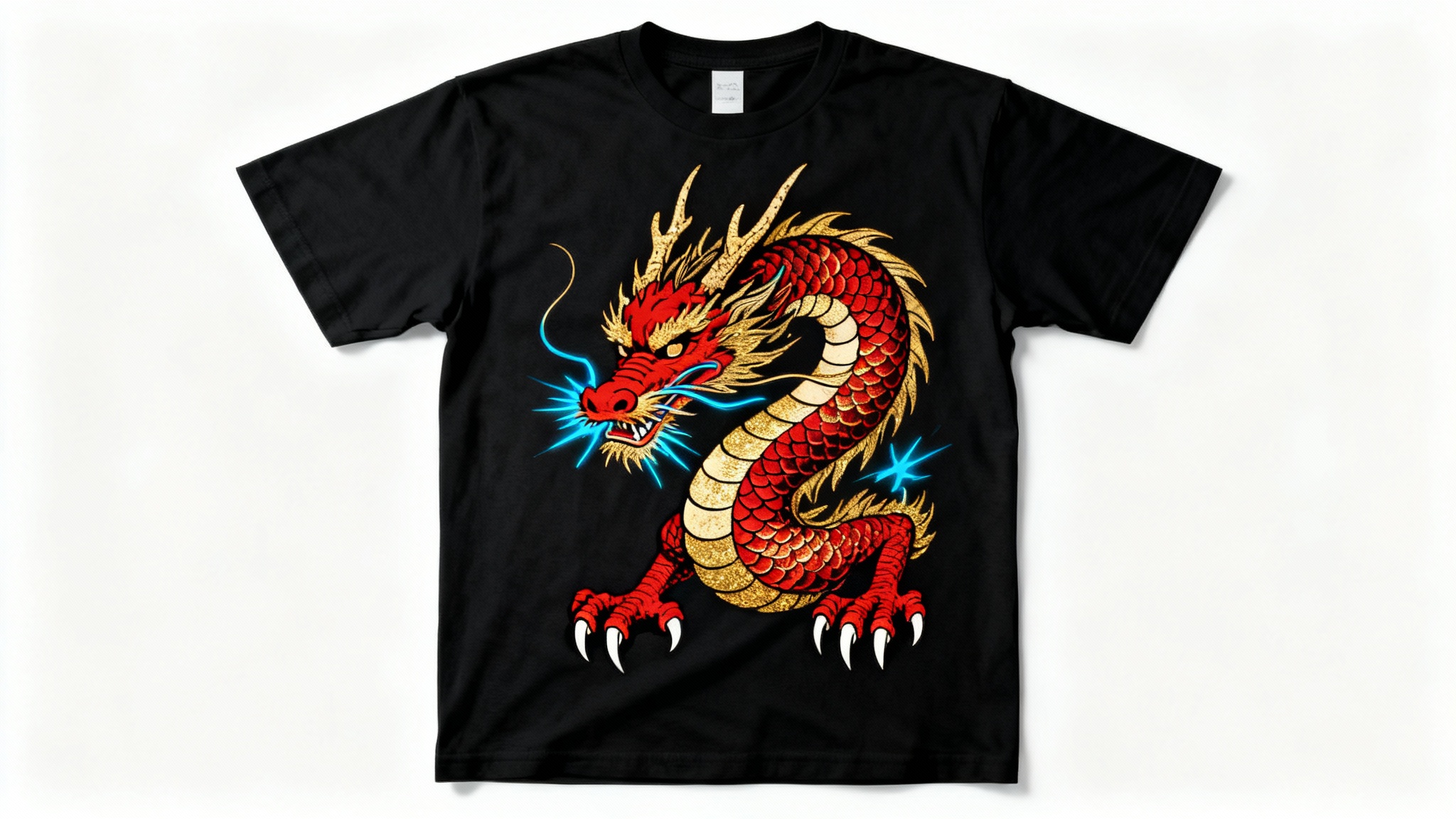 A black t-shirt with a detailed, modern ukiyo-e style graphic of a roaring red and gold Japanese dragon, presented as a flat lay product shot on a white background.