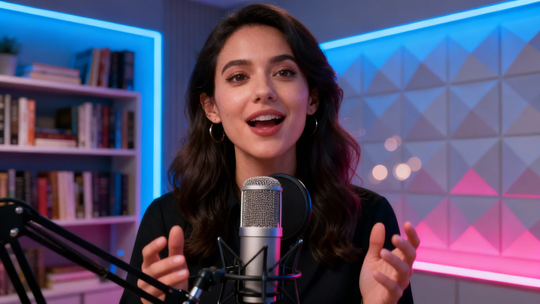 A professional female podcaster sits in front of a modern, stylish virtual background for her video podcast, demonstrating a podcast background tool's final result.