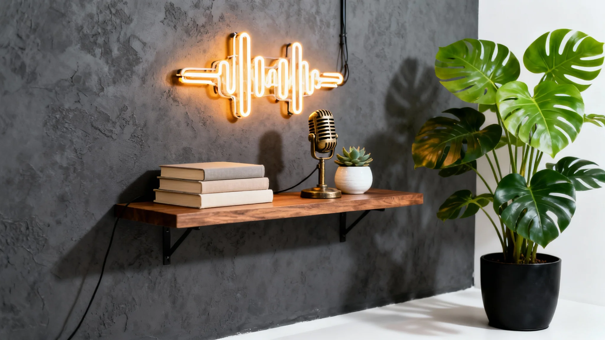 A stylish podcast background setup featuring a dark gray wall with a floating shelf holding books and a plant, an amber neon soundwave sign, and a large monstera plant, all isolated on a white background.
