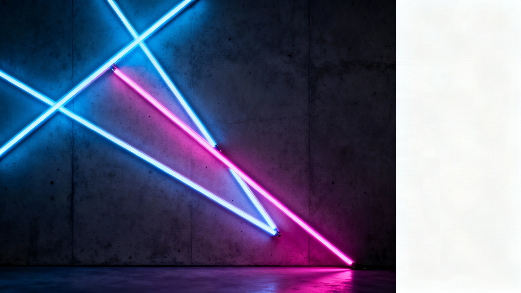 A modern podcast background mockup featuring a dark textured wall with glowing abstract lines of blue and magenta neon light.