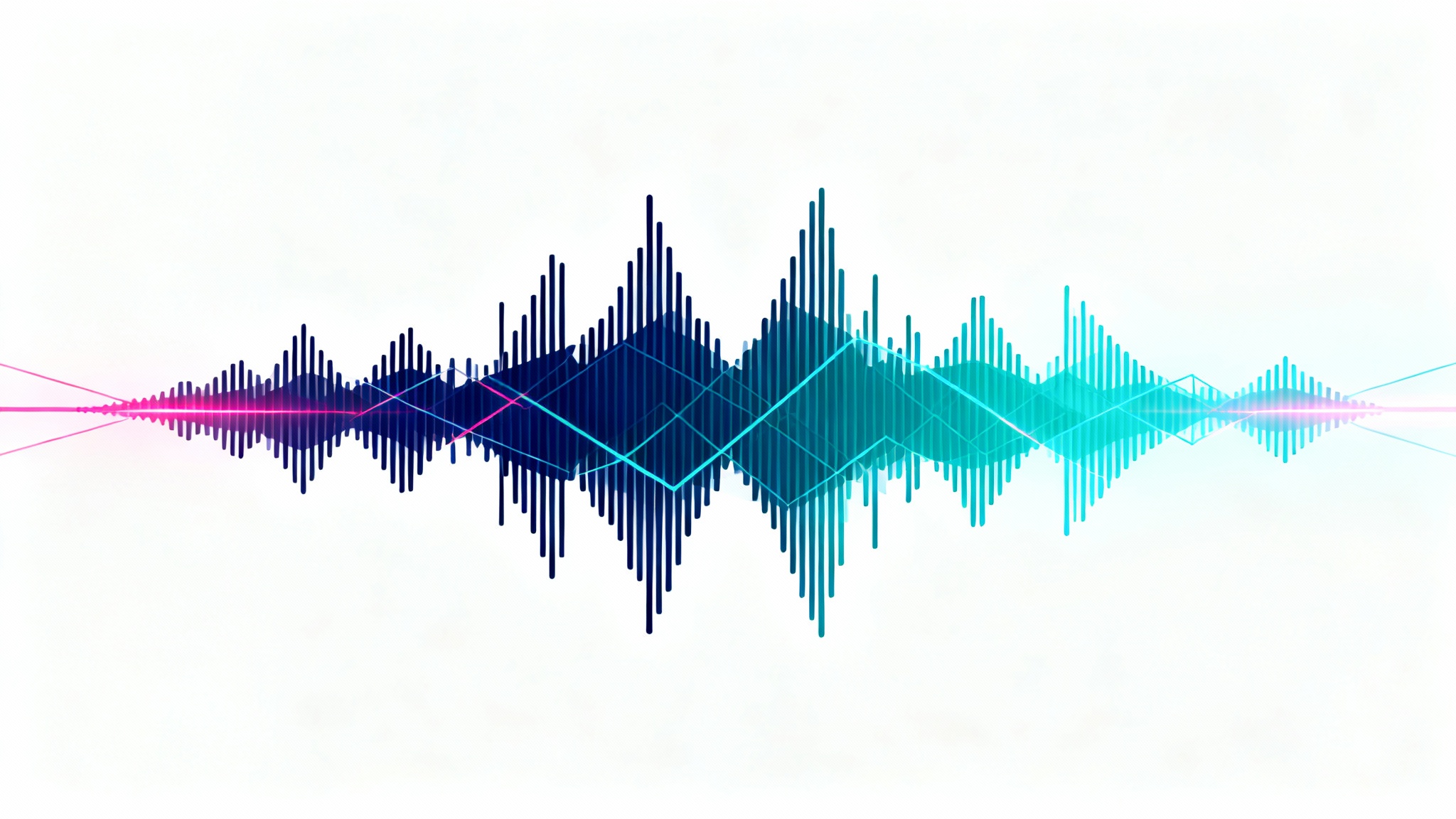 A mockup of a professional podcast background featuring abstract, glowing sound waves in blue and teal against a stark white background.