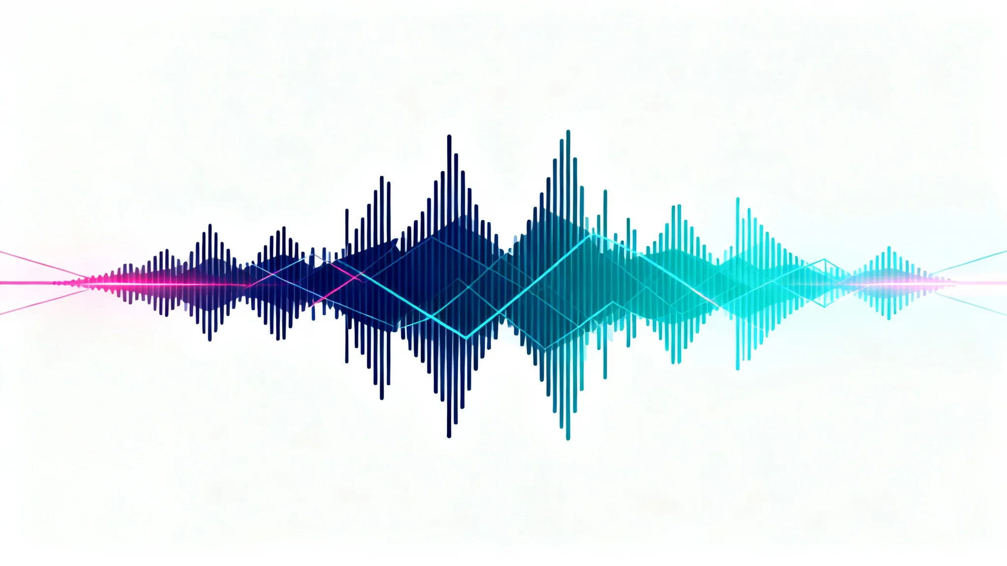 A mockup of a professional podcast background featuring abstract, glowing sound waves in blue and teal against a stark white background.