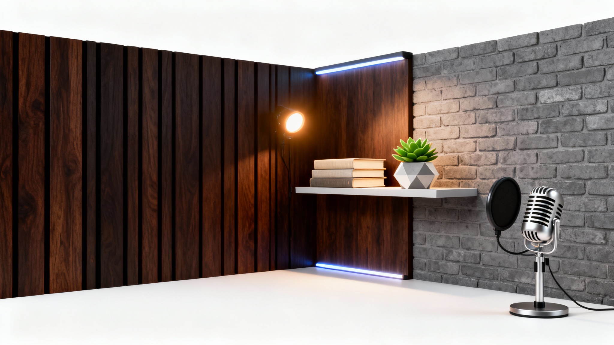 A professional and modern podcast background featuring a wall with wood panels and exposed brick, decorated with shelves holding books, a plant, and a vintage microphone.