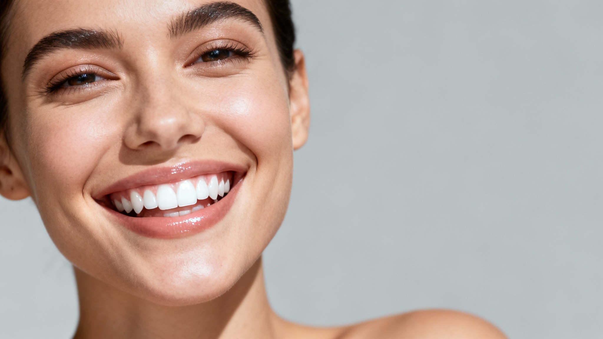 A high-quality photograph of a person smiling widely, showing off their perfectly white and sparkling teeth as a result of a photo editing tool.