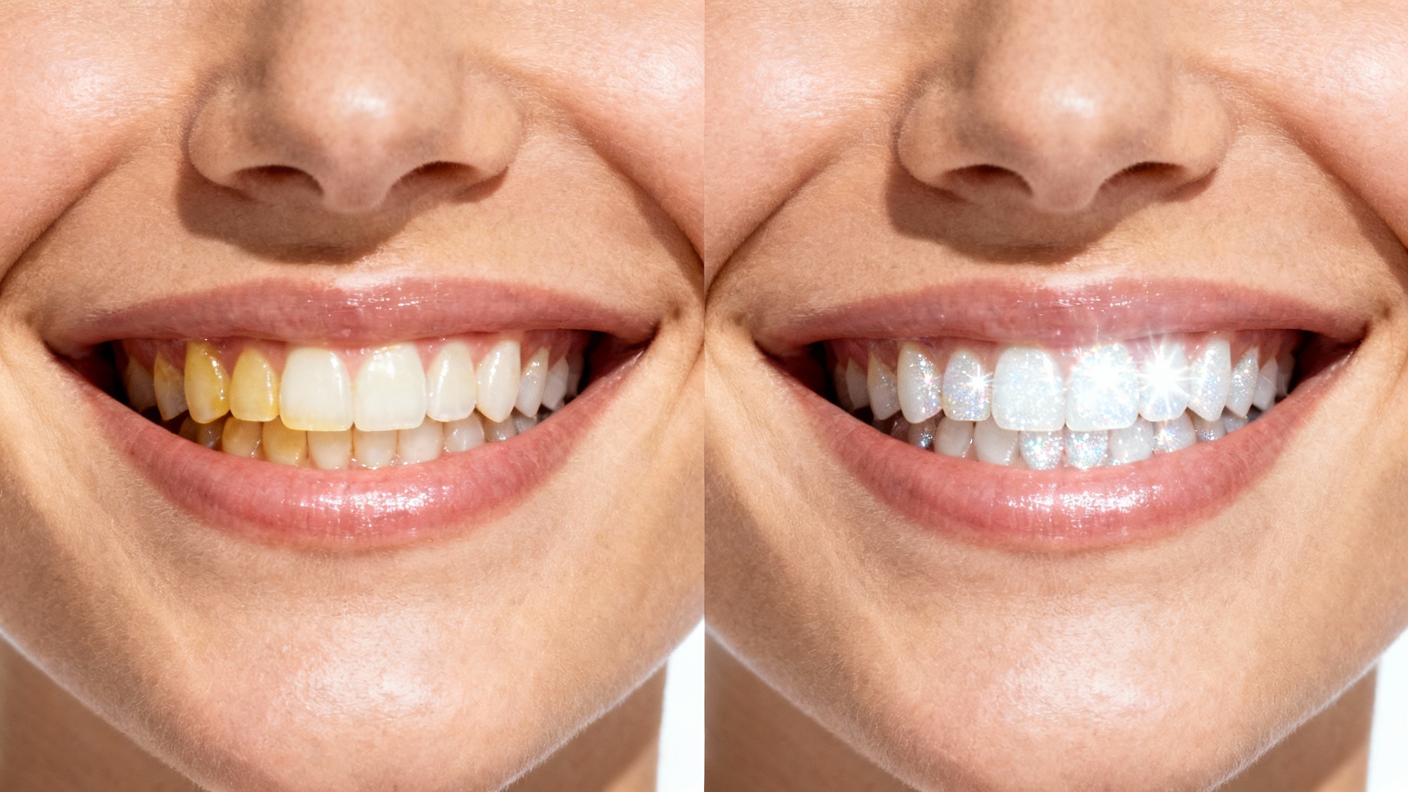 A close-up before-and-after image of a smile. The left side shows slightly yellowed teeth, and the right side shows the same teeth after being whitened to a brilliant white, demonstrating a teeth-whitening effect.