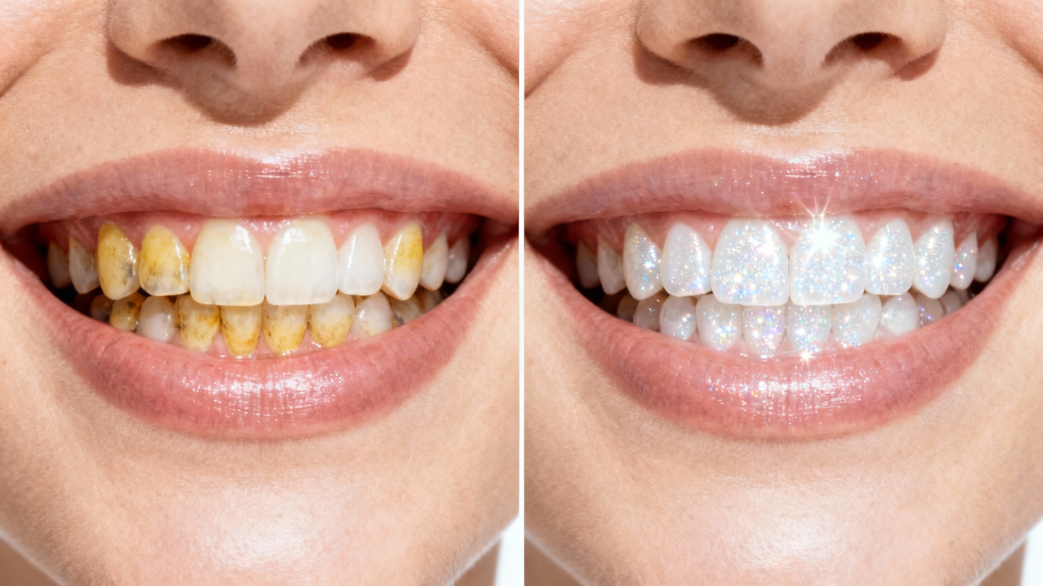 A split-screen, before-and-after image demonstrating teeth whitening. The left side shows a close-up of a smile with yellowed teeth, while the right side shows the same smile with sparkling, perfectly white teeth, all against a plain white background.