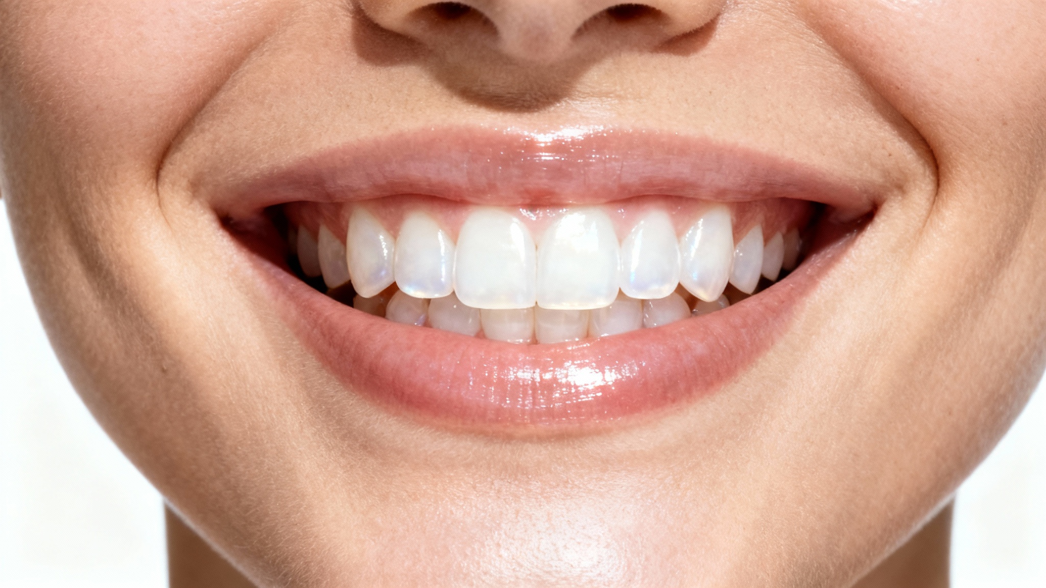 A close-up photograph of a person's mouth, showcasing a perfect, joyful smile with brilliantly white teeth against a clean white background.