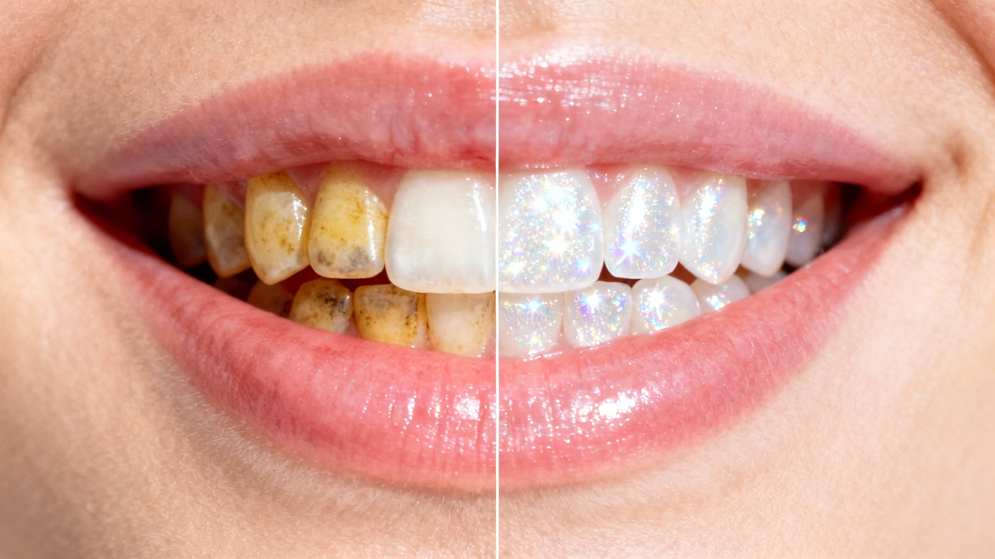A close-up before-and-after image illustrating teeth whitening. The left side shows yellowed teeth, while the right side shows the same teeth as sparkling and brilliantly white.