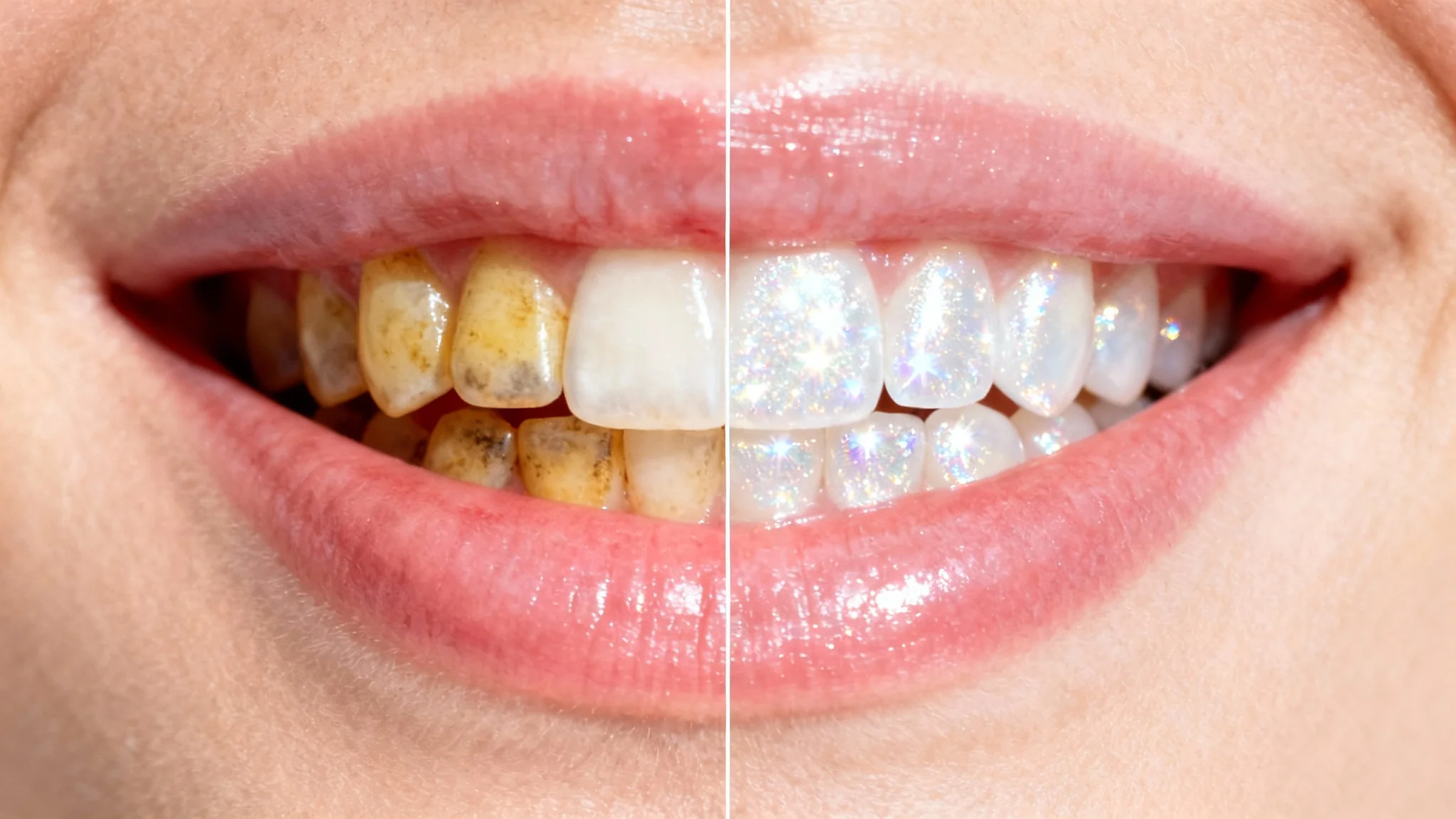 A close-up before-and-after image illustrating teeth whitening. The left side shows yellowed teeth, while the right side shows the same teeth as sparkling and brilliantly white.