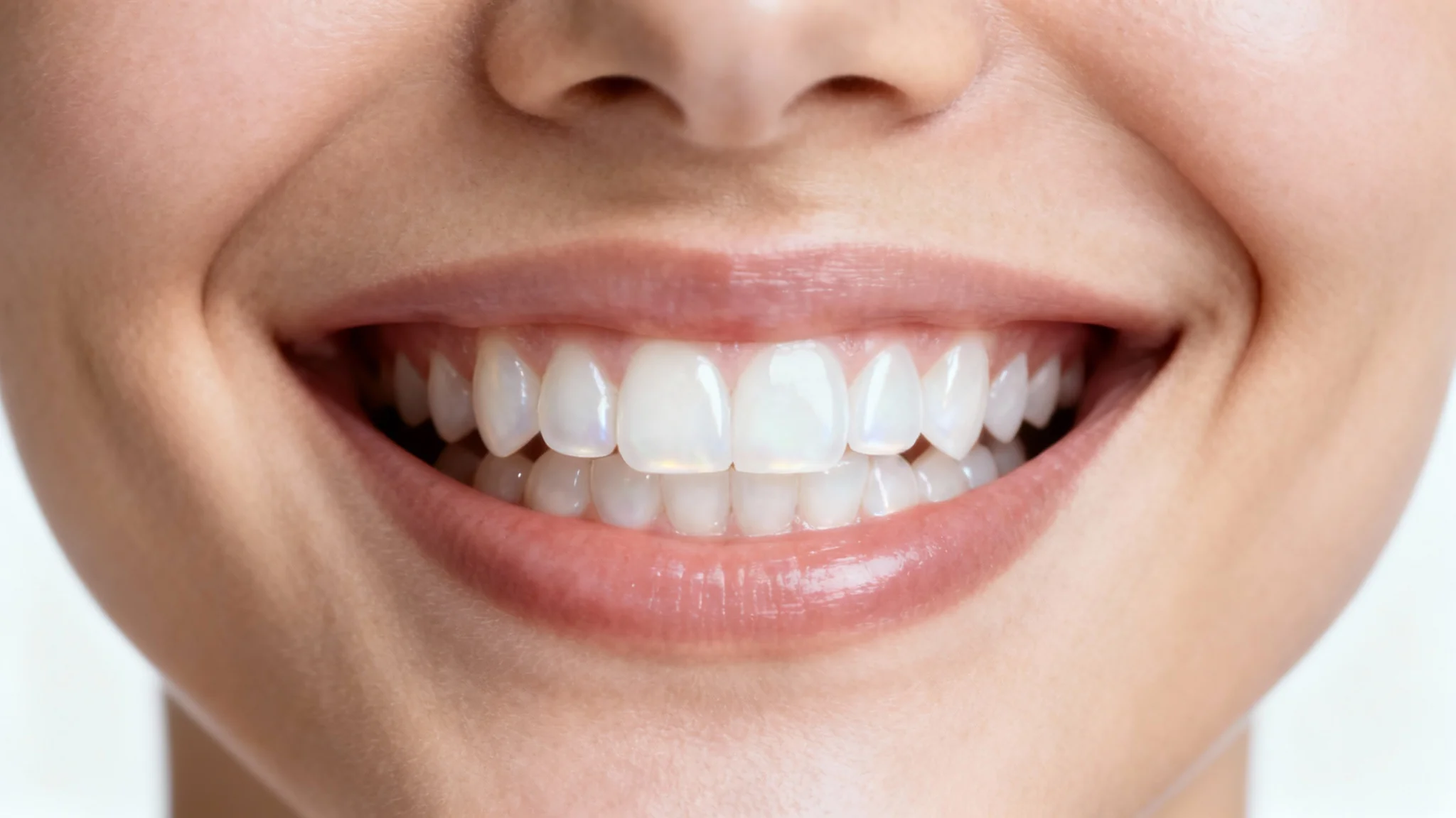 A close-up photograph of a person's bright, white smile against a clean white background, demonstrating the effect of teeth whitening.