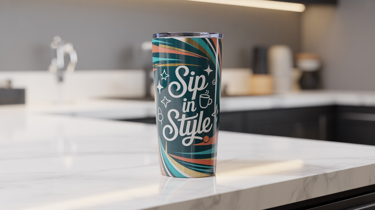 A photorealistic image of a modern tumbler featuring a colorful custom wrap. The design has abstract geometric swirls in teal, coral, and gold, with the text 'Sip in Style' written in an elegant script.