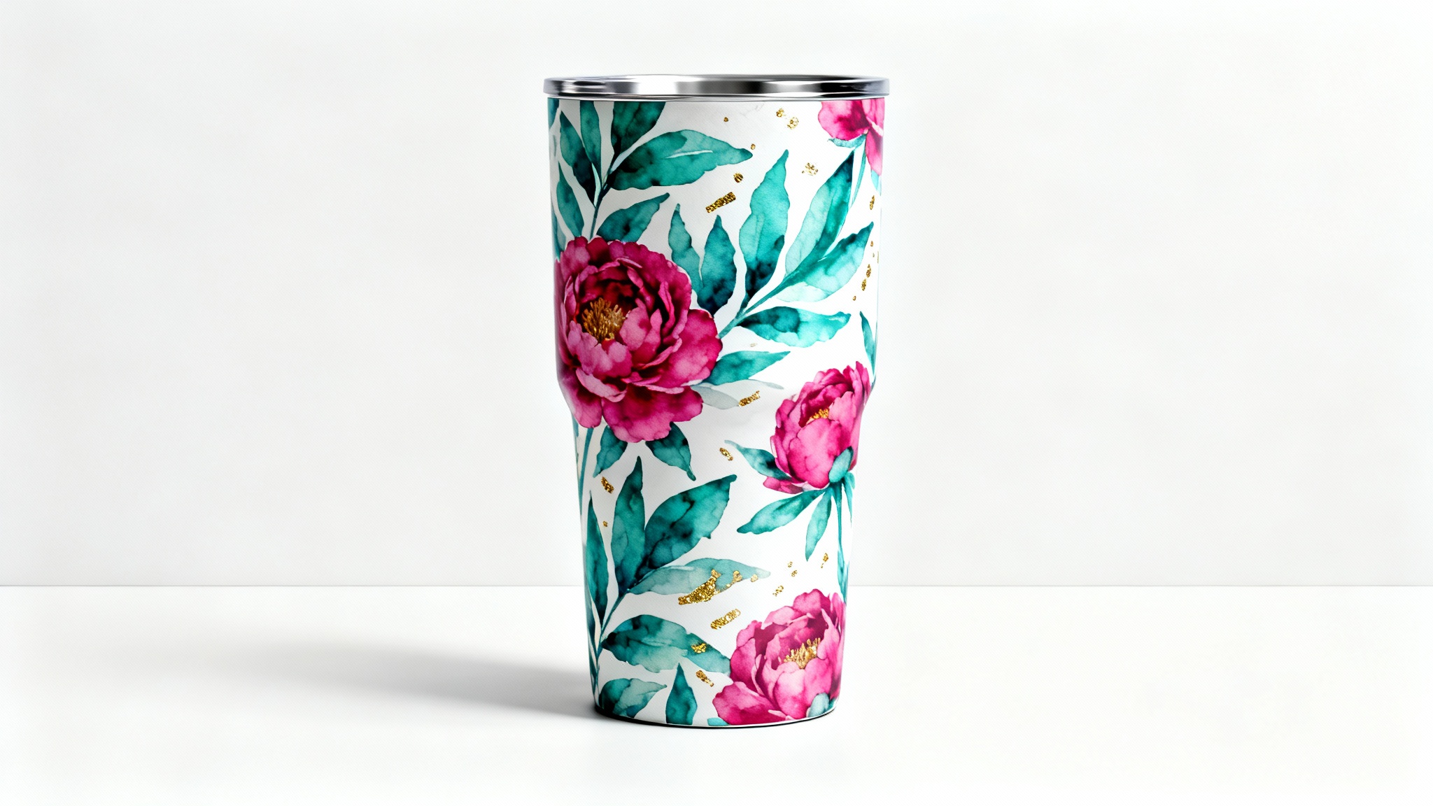 A photorealistic mockup of a modern tumbler featuring a vibrant watercolor wrap design with teal leaves and pink flowers, standing against a clean white background.