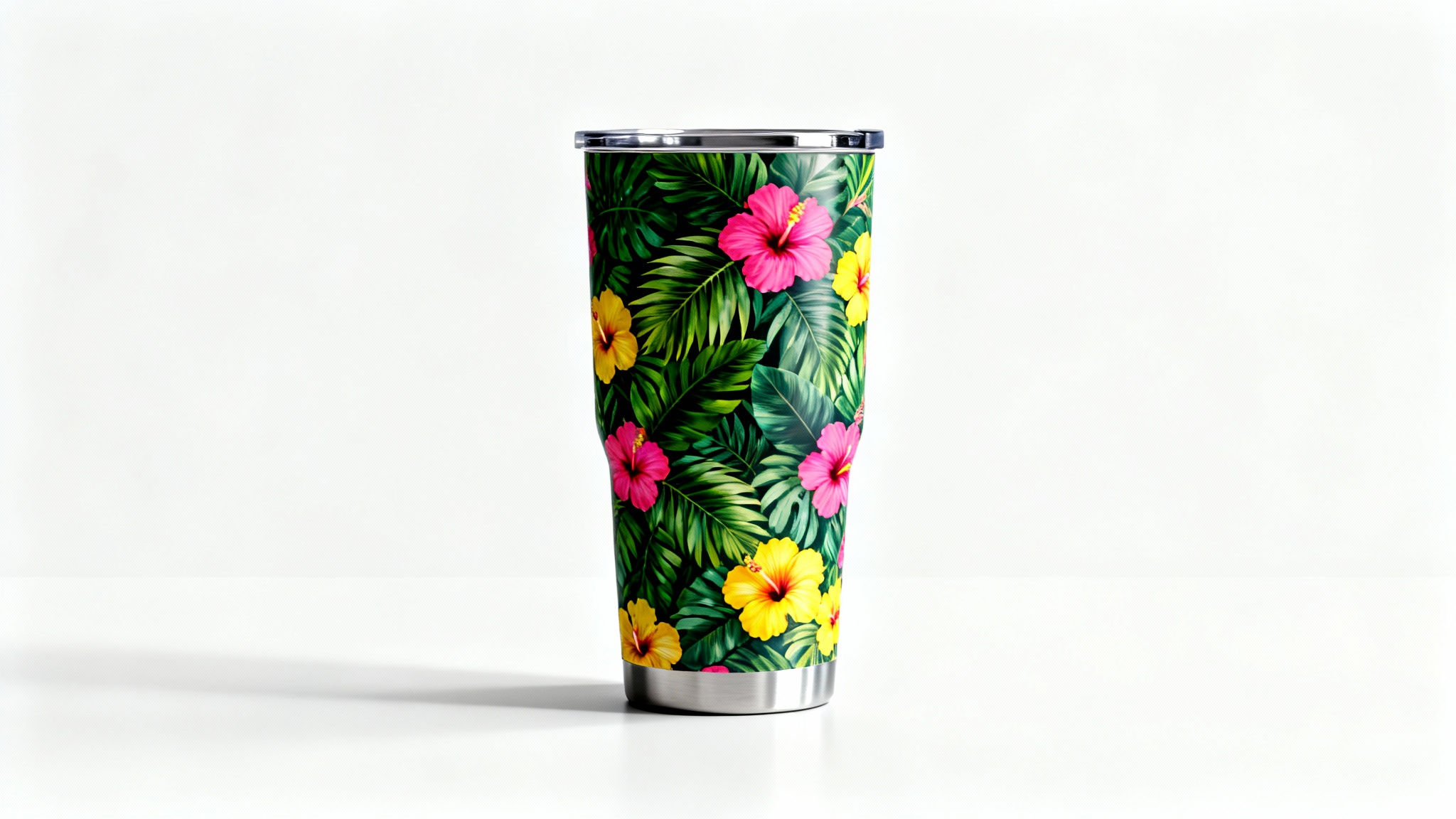 A photorealistic product mockup of a modern stainless steel tumbler with a colorful tropical flower and leaf wrap design, showcased against a clean white background.