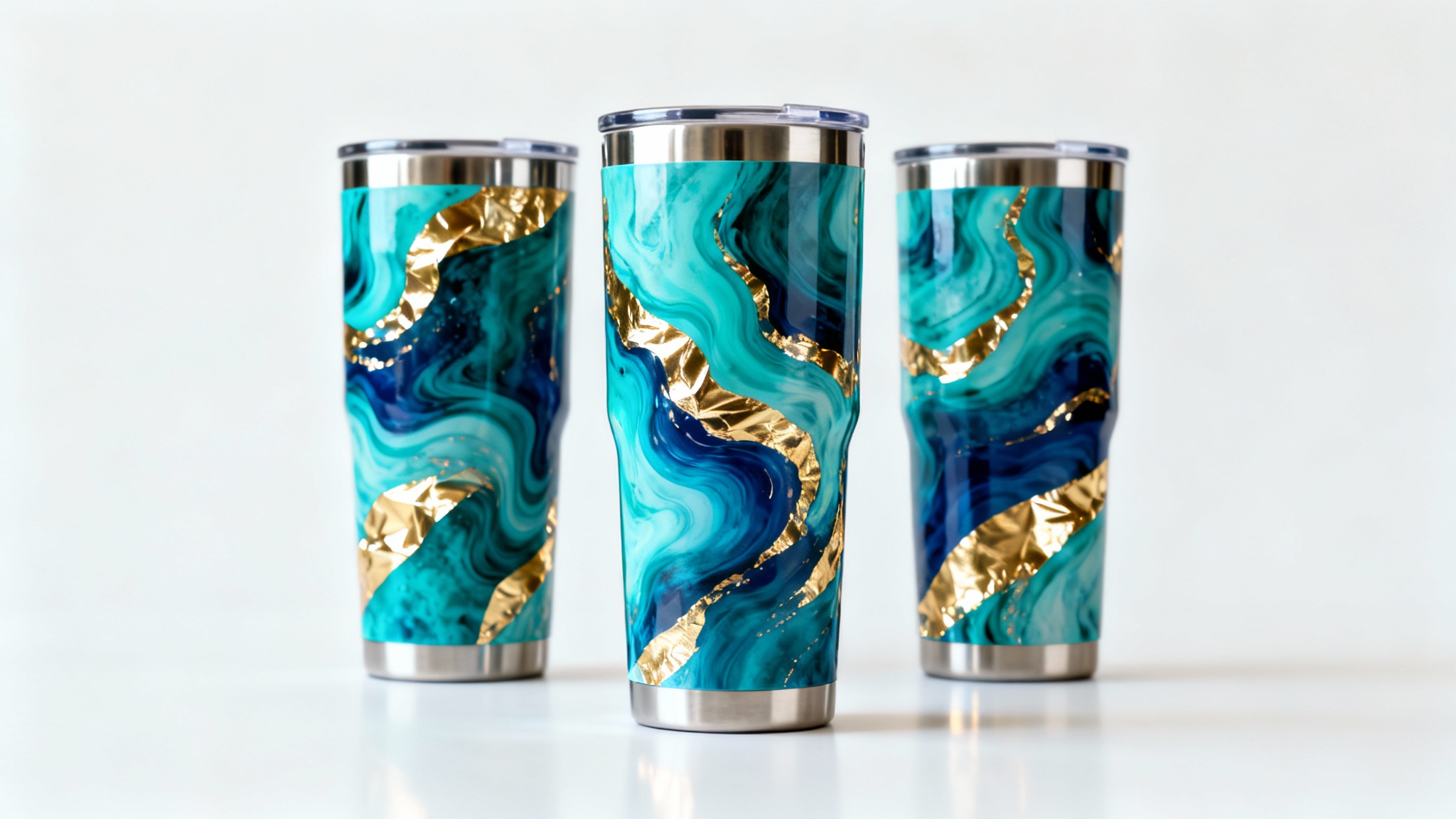 A photorealistic mockup of three sleek stainless steel tumblers with a vibrant turquoise, blue, and gold abstract wrap design, presented against a pure white background.