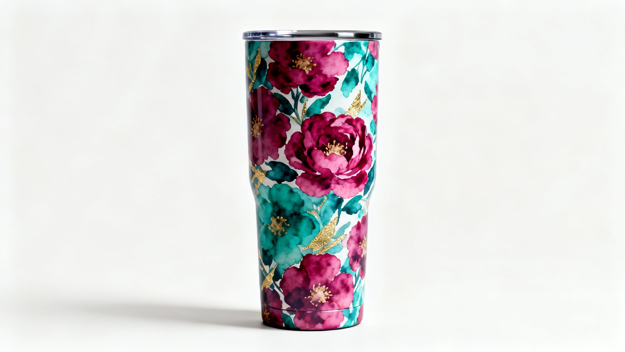 A photorealistic mockup of a modern stainless steel tumbler featuring a vibrant watercolor floral wrap design in magenta and teal with gold accents, set against a stark white background.