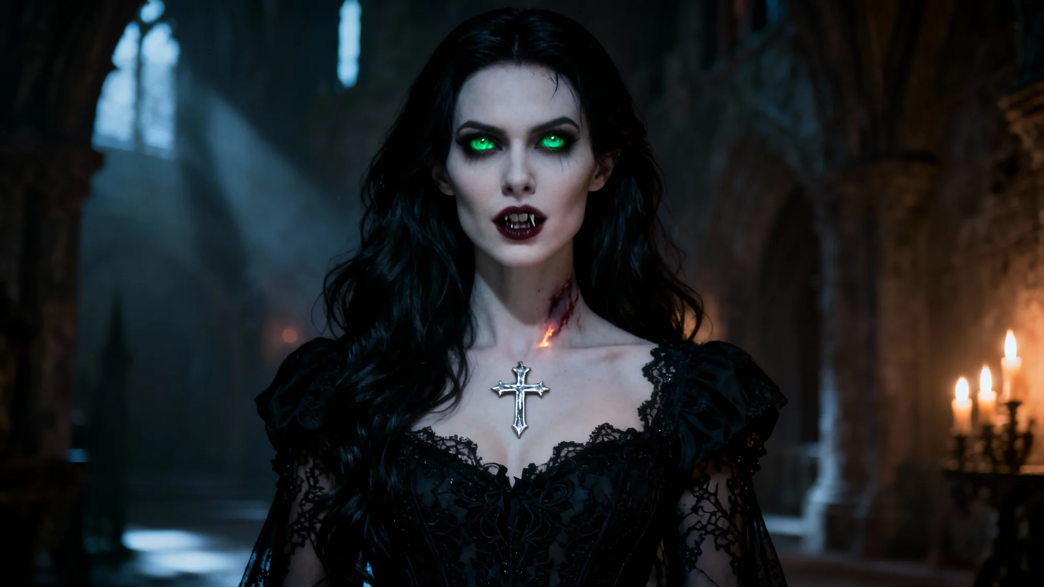 A photorealistic hero image showing the result of a gothic vampire portrait filter: a woman with pale skin and black hair, now a vampire with glowing green eyes, fangs, and a burn mark from a cross, set in a dark castle.