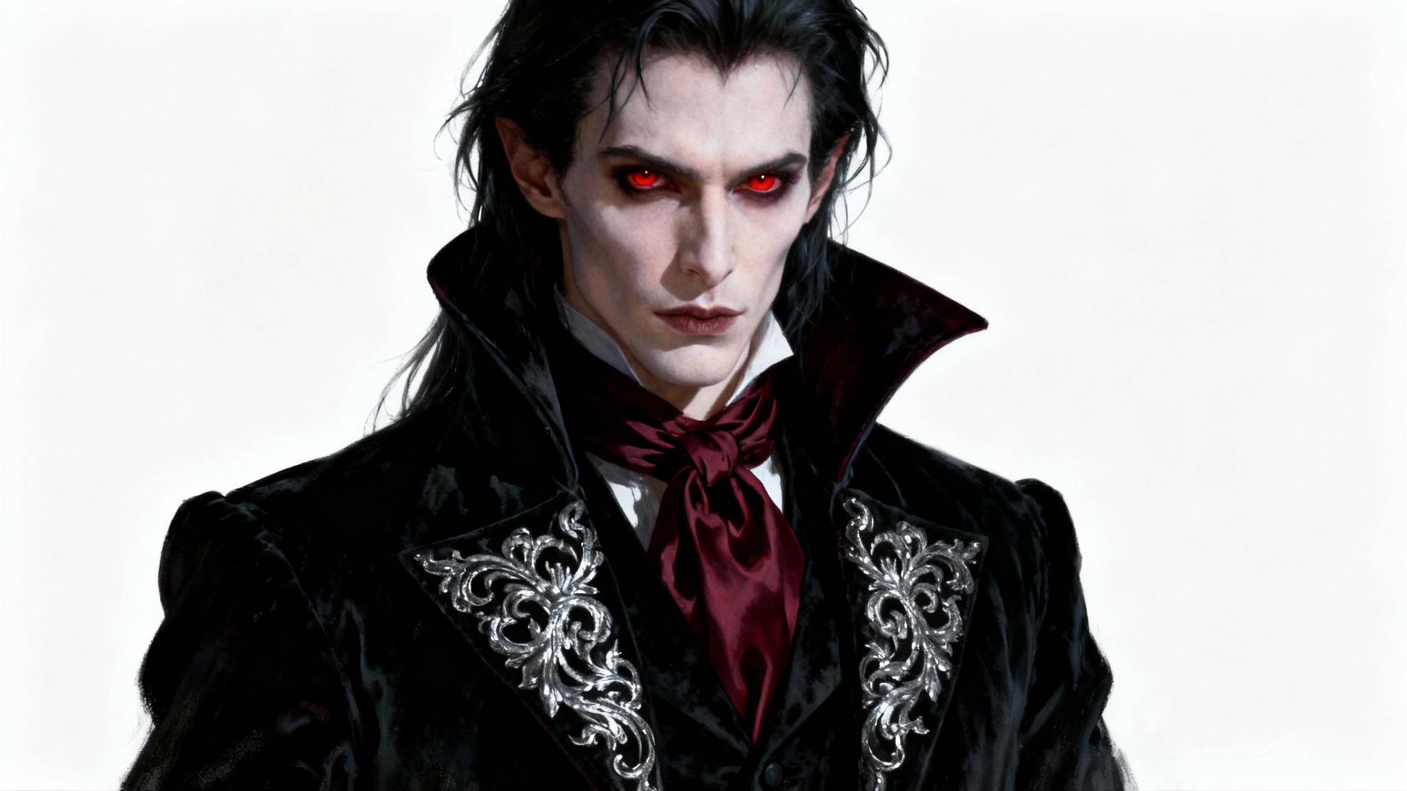 A hyper-realistic gothic portrait of a handsome male vampire with pale skin and intense red eyes, wearing an ornate black velvet coat, set against a stark white background.