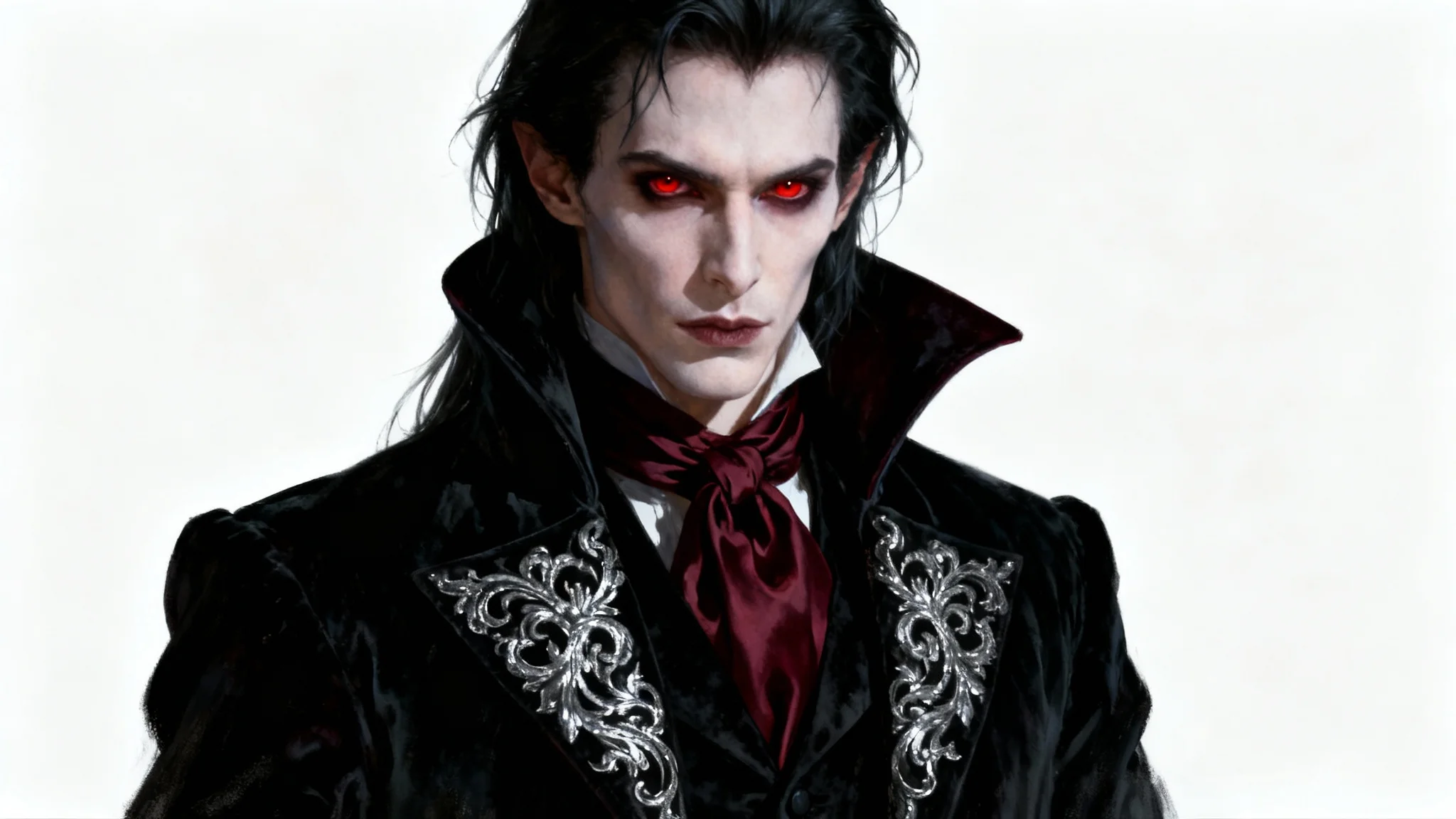 A hyper-realistic gothic portrait of a handsome male vampire with pale skin and intense red eyes, wearing an ornate black velvet coat, set against a stark white background.