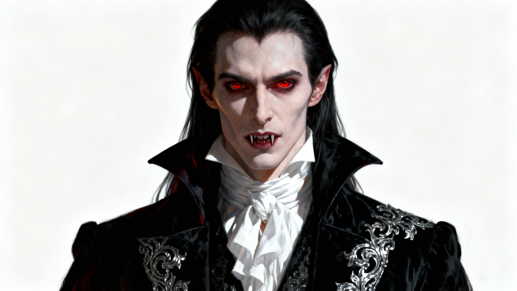 A dramatic gothic portrait of an aristocratic male vampire with pale skin and piercing eyes, dressed in Victorian attire, against a plain white background.