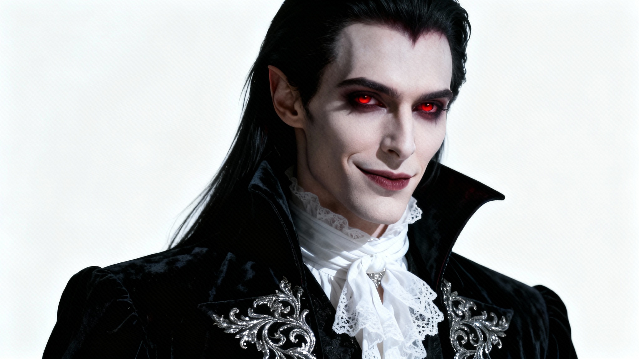 A detailed gothic portrait of a handsome male vampire with pale skin, crimson eyes, and black hair, dressed in an ornate velvet coat against a plain white background.