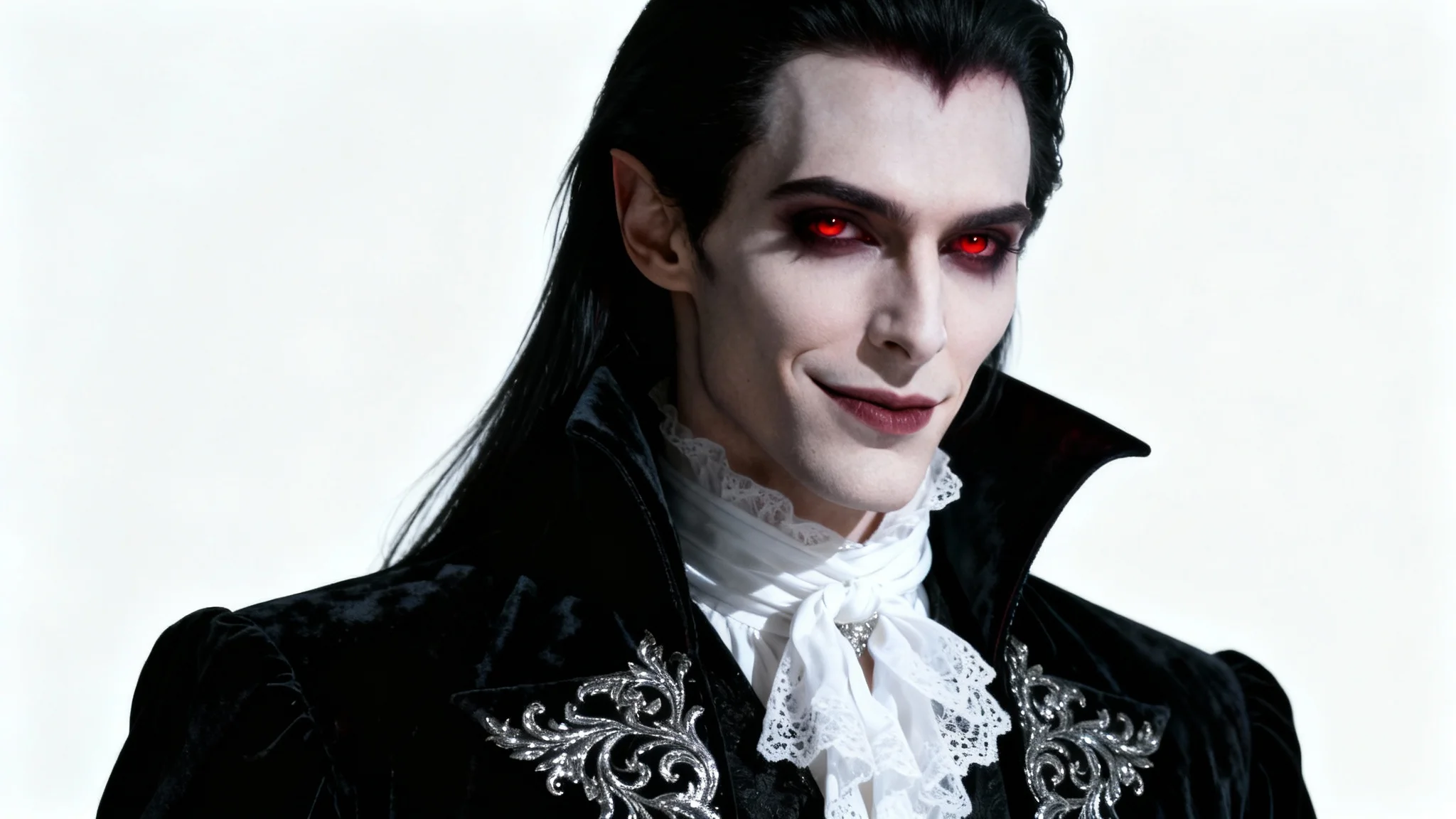 A detailed gothic portrait of a handsome male vampire with pale skin, crimson eyes, and black hair, dressed in an ornate velvet coat against a plain white background.