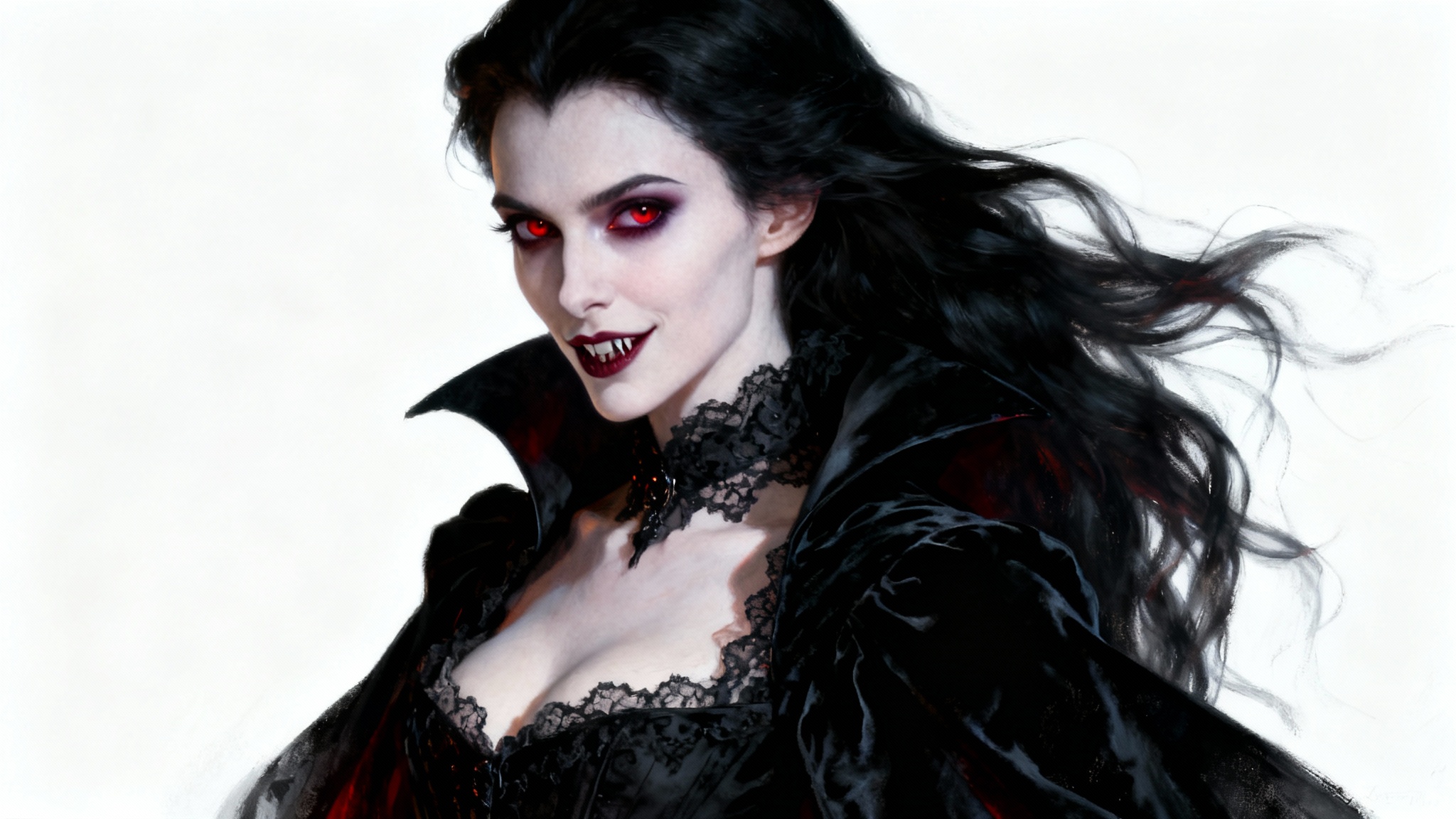 A dramatic gothic portrait of a beautiful female vampire with pale skin and crimson eyes, dressed in an elegant black gown, set against a plain white background.