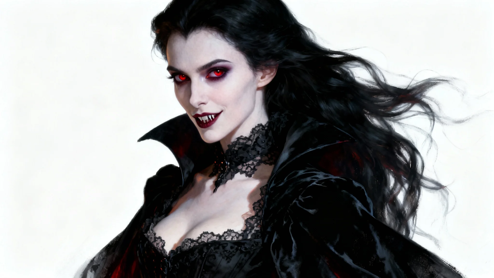 A dramatic gothic portrait of a beautiful female vampire with pale skin and crimson eyes, dressed in an elegant black gown, set against a plain white background.